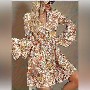 Paisley Print Flare Sleeve Boho Dress medium to large size